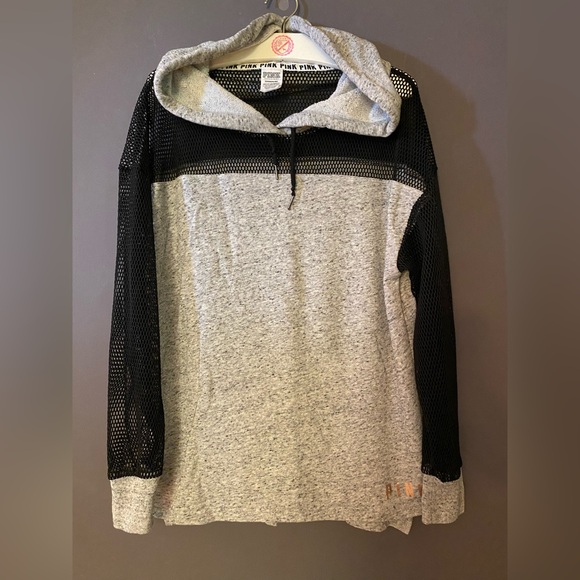 VS PINK FISHNET MESH COLORBLOCK GRAY BLACK HOODIE SWEATSHIRT GOLD SHINE LOGO HTF - Picture 6 of 7